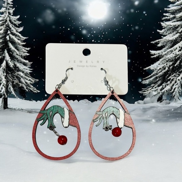 Red and Green Grinch hand Teardrop Earrings - Picture 1 of 2